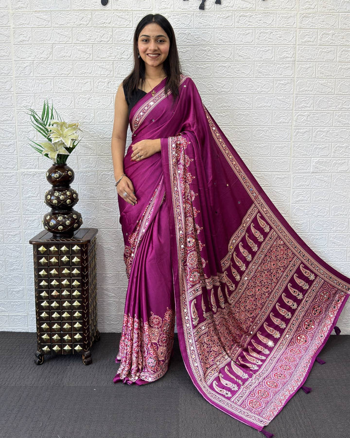 Ajrakh Chinnon Printed Saree with Tassel Detailing & Attached Blouse (No Mirror Work)