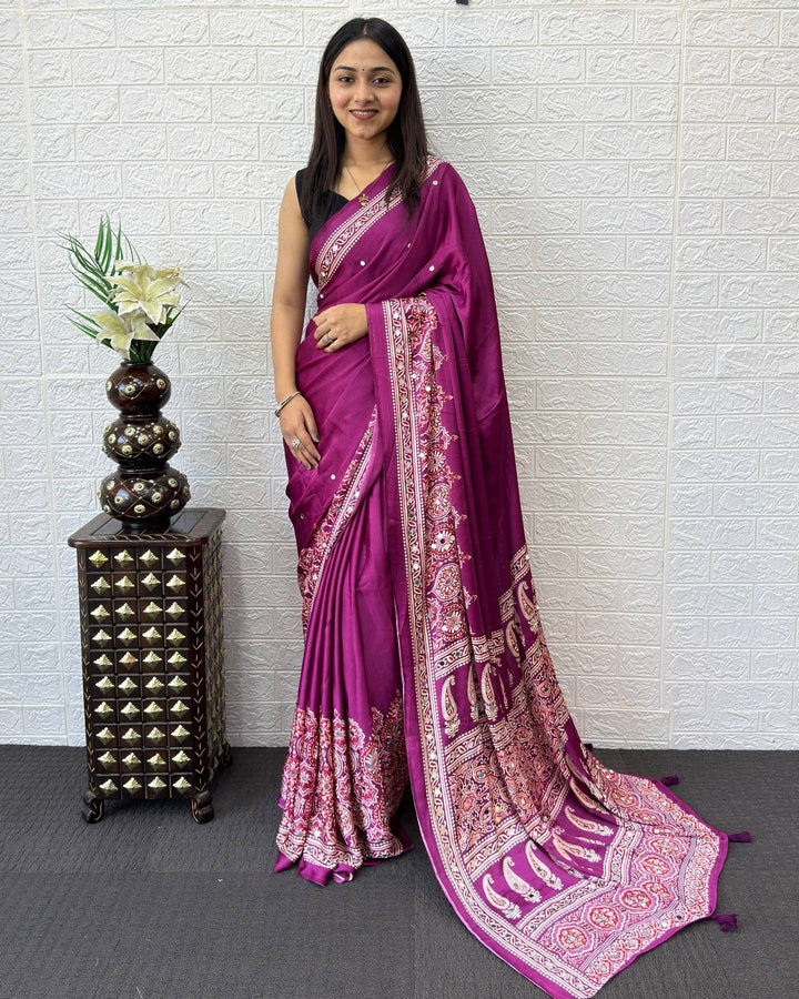 Ajrakh Chinnon Printed Saree with Tassel Detailing & Attached Blouse (No Mirror Work)