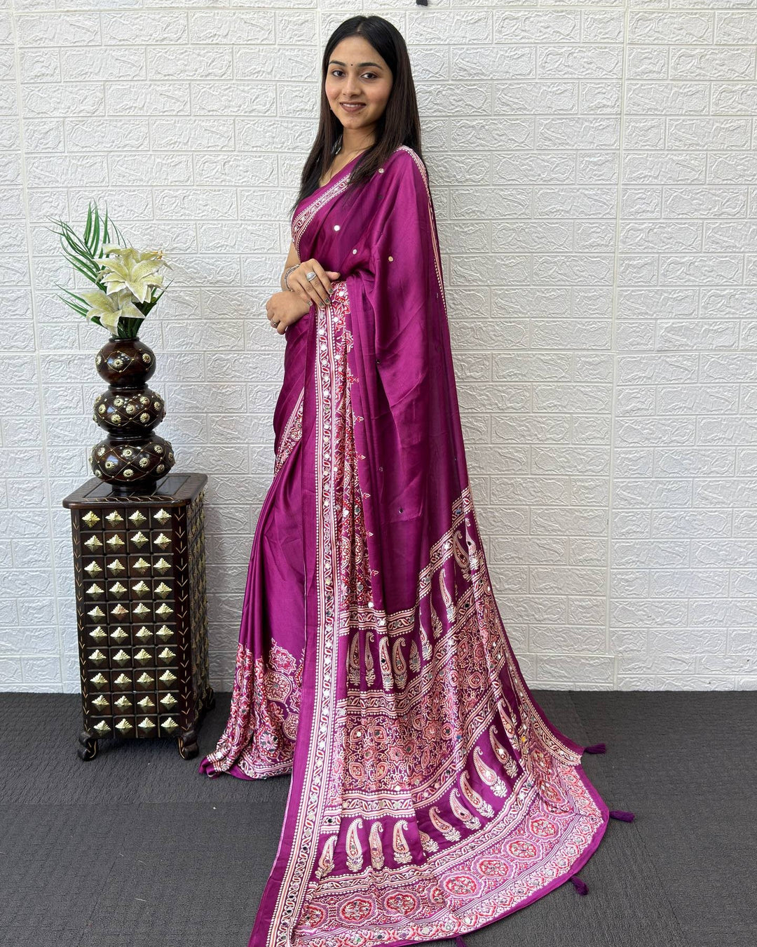 Ajrakh Chinnon Printed Saree with Tassel Detailing & Attached Blouse (No Mirror Work)