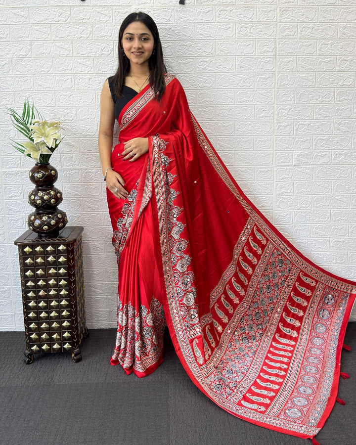 Ajrakh Chinnon Printed Saree with Tassel Detailing & Attached Blouse (No Mirror Work)