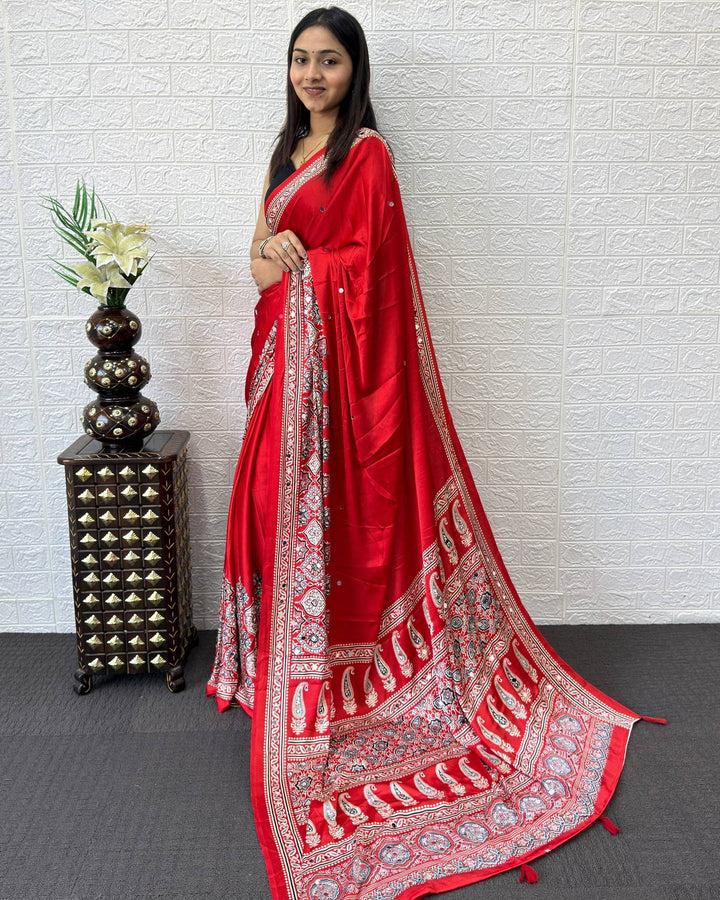 Ajrakh Chinnon Printed Saree with Tassel Detailing & Attached Blouse (No Mirror Work)