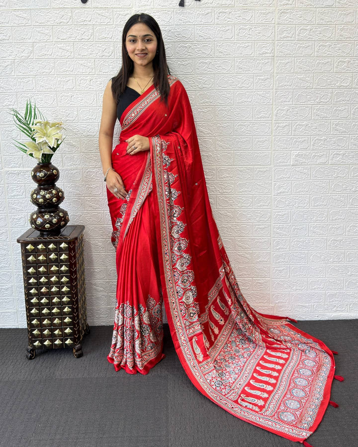 Ajrakh Chinnon Printed Saree with Tassel Detailing & Attached Blouse (No Mirror Work)