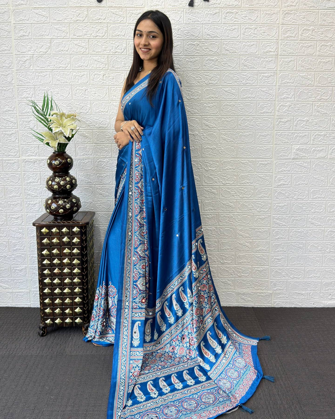 Ajrakh Chinnon Printed Saree with Tassel Detailing & Attached Blouse (No Mirror Work)