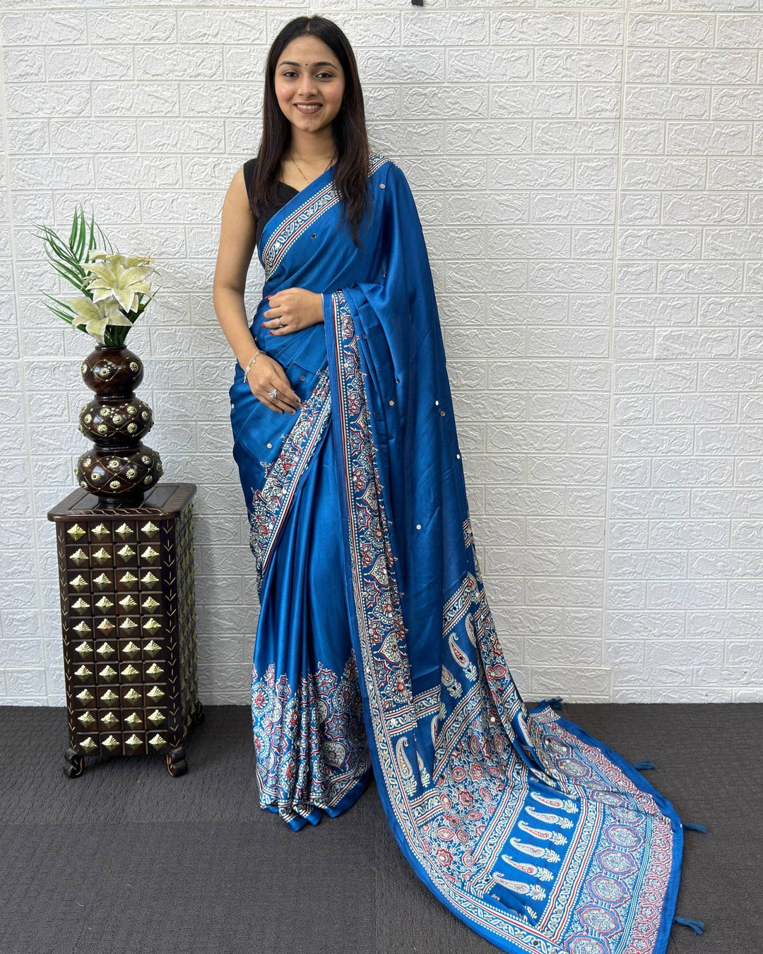 Ajrakh Chinnon Printed Saree with Tassel Detailing & Attached Blouse (No Mirror Work)