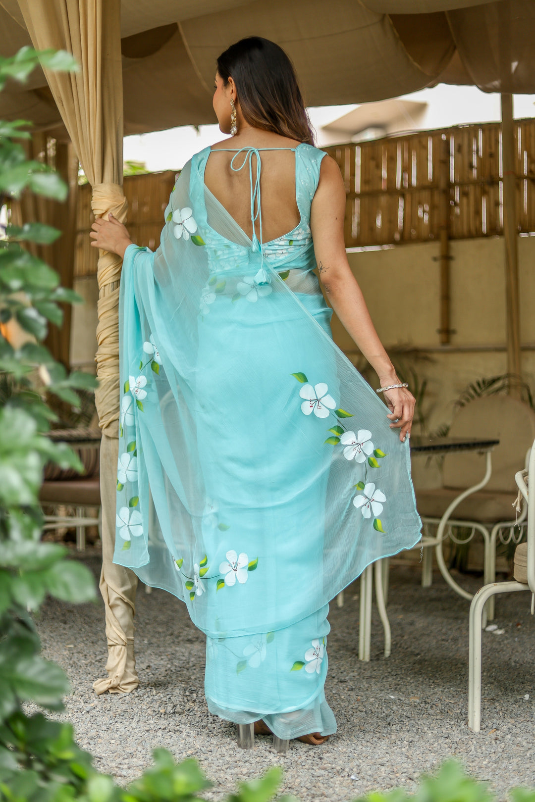 Sky Blue Chiffon Saree with White Floral Print | Lightweight Designer Saree with Blouse Piece