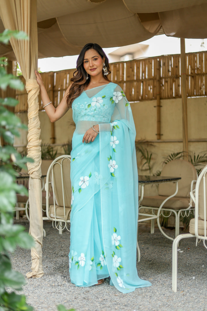 Sky Blue Chiffon Saree with White Floral Print | Lightweight Designer Saree with Blouse Piece