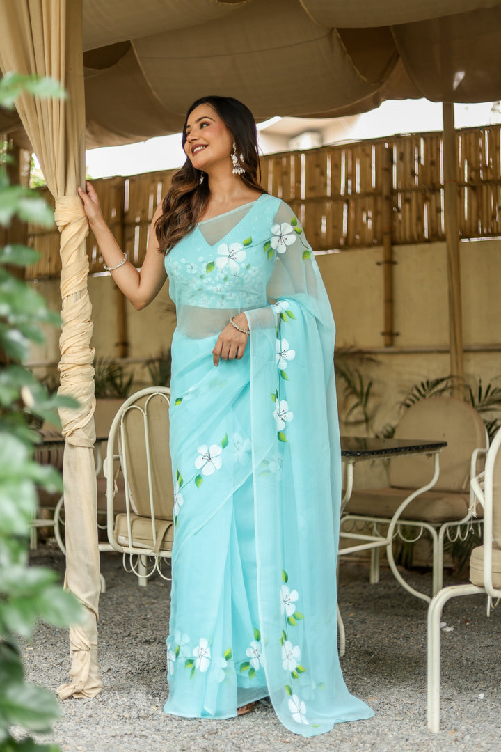Sky Blue Chiffon Saree with White Floral Print | Lightweight Designer Saree with Blouse Piece
