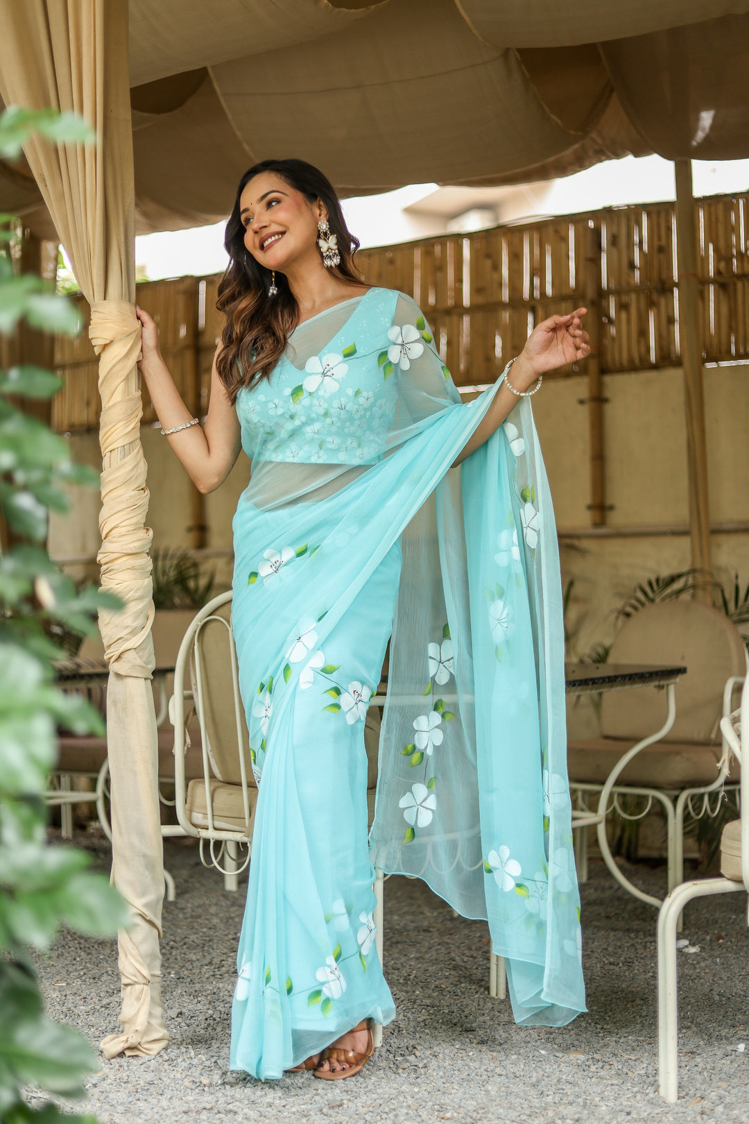 Sky Blue Chiffon Saree with White Floral Print | Lightweight Designer Saree with Blouse Piece