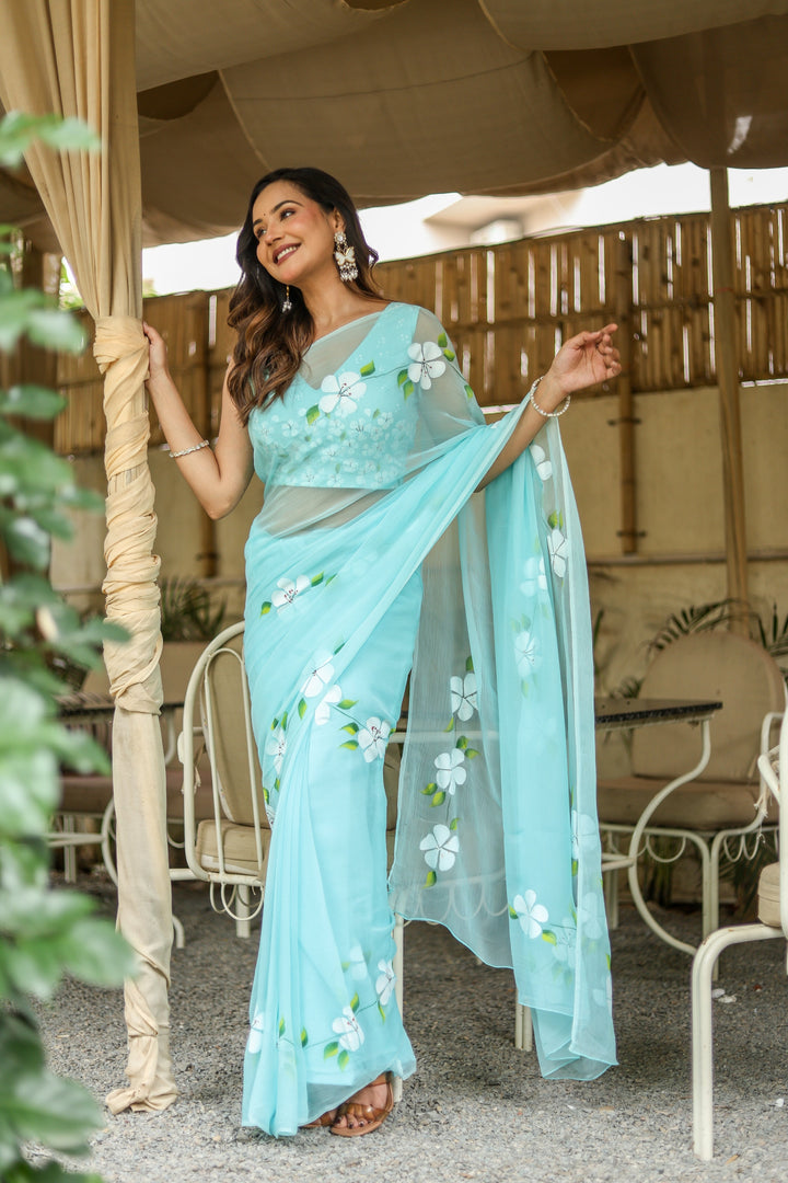Sky Blue Chiffon Saree with White Floral Print | Lightweight Designer Saree with Blouse Piece