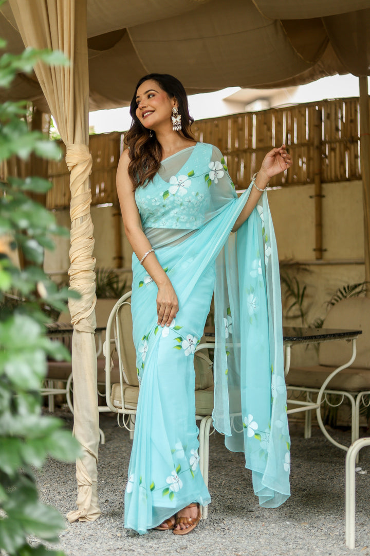 Sky Blue Chiffon Saree with White Floral Print | Lightweight Designer Saree with Blouse Piece