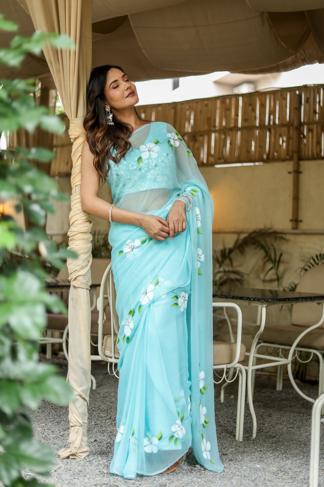 Sky Blue Chiffon Saree with White Floral Print | Lightweight Designer Saree with Blouse Piece