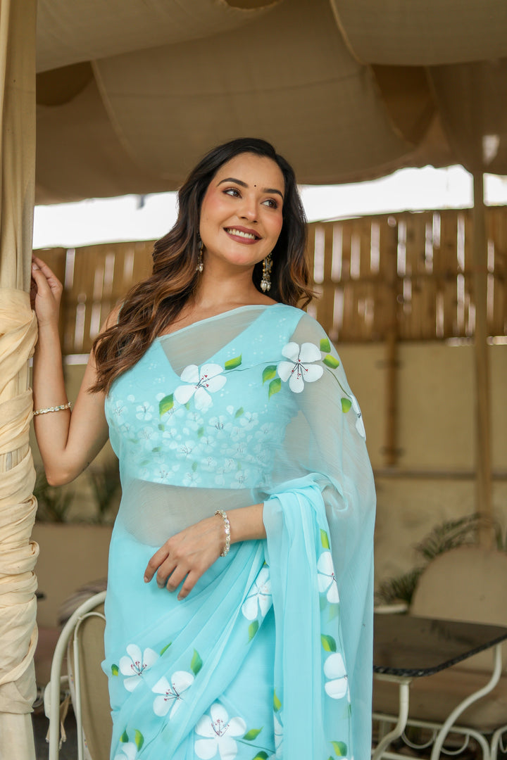 Sky Blue Chiffon Saree with White Floral Print | Lightweight Designer Saree with Blouse Piece