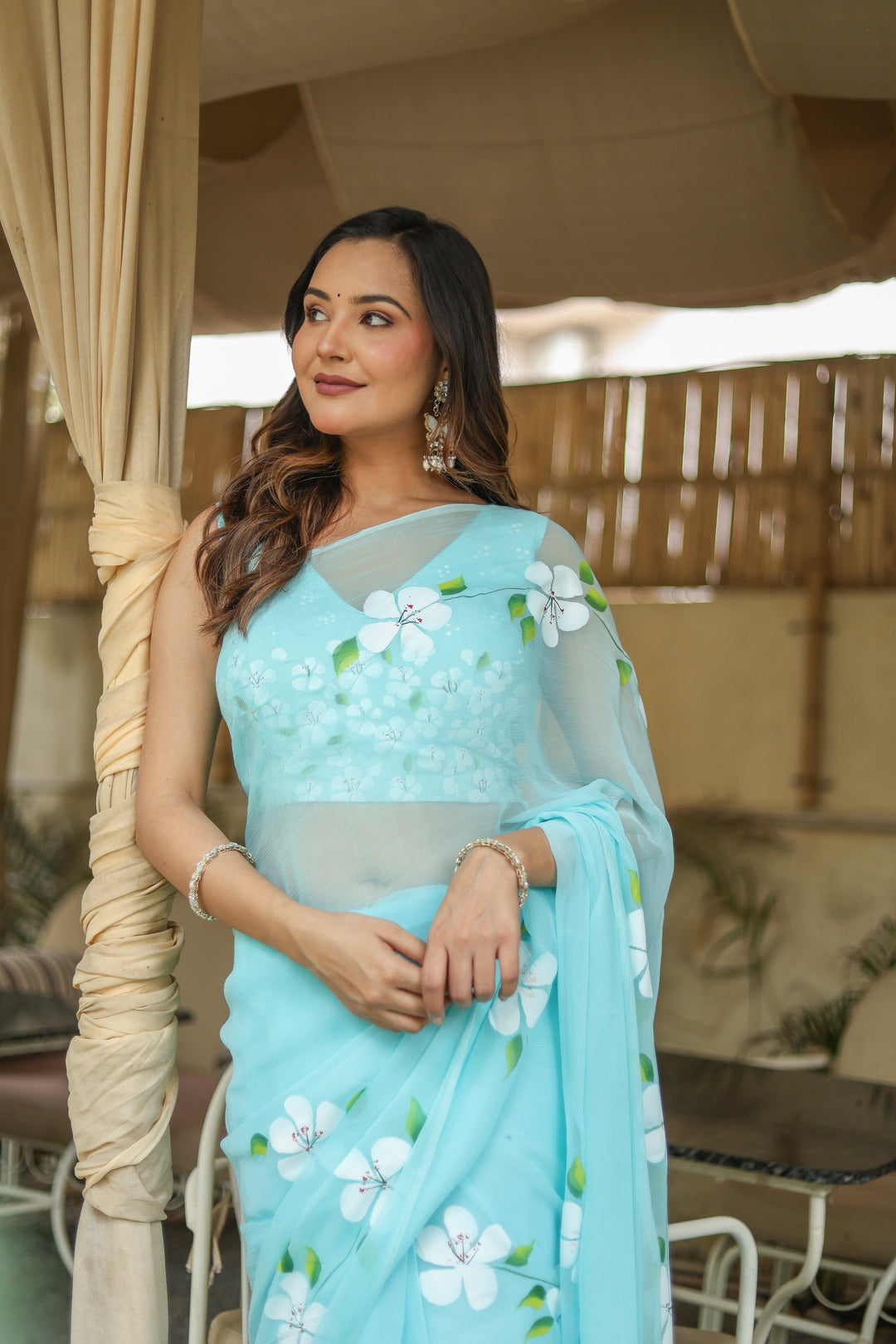Sky Blue Chiffon Saree with White Floral Print | Lightweight Designer Saree with Blouse Piece