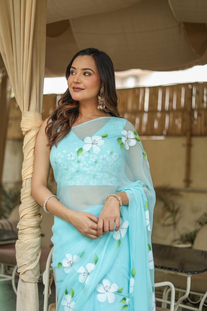 Sky Blue Chiffon Saree with White Floral Print | Lightweight Designer Saree with Blouse Piece