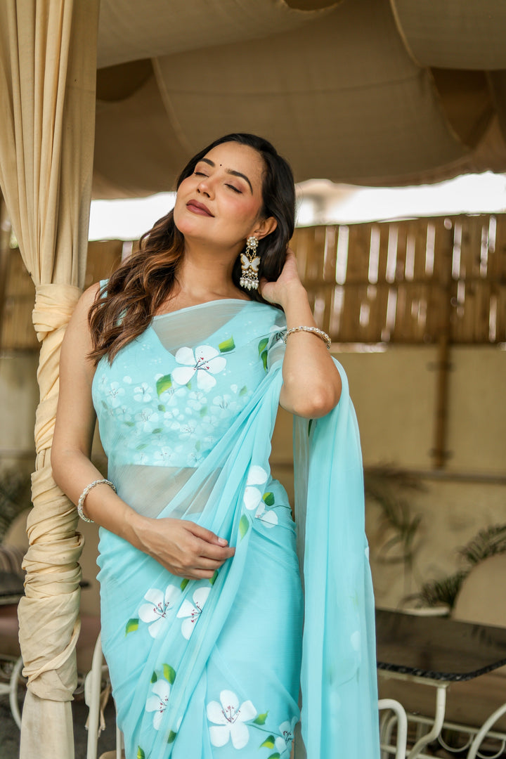 Sky Blue Chiffon Saree with White Floral Print | Lightweight Designer Saree with Blouse Piece