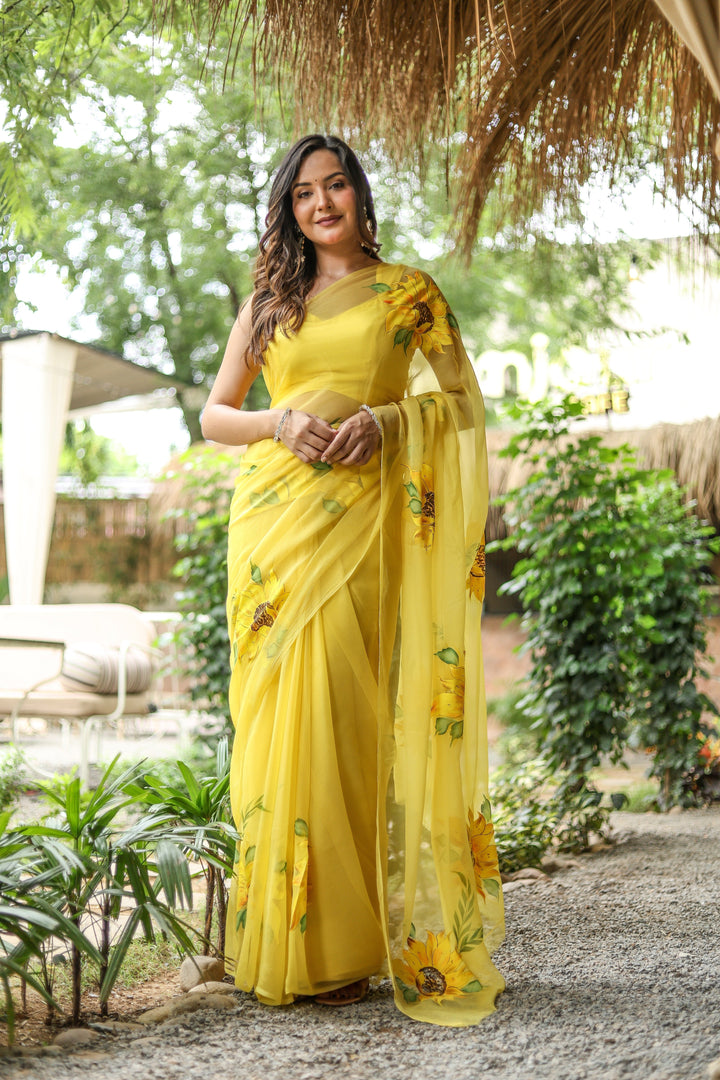 Yellow Chiffon Saree with Sunflower Floral Print | Lightweight Designer Saree with Blouse Piece