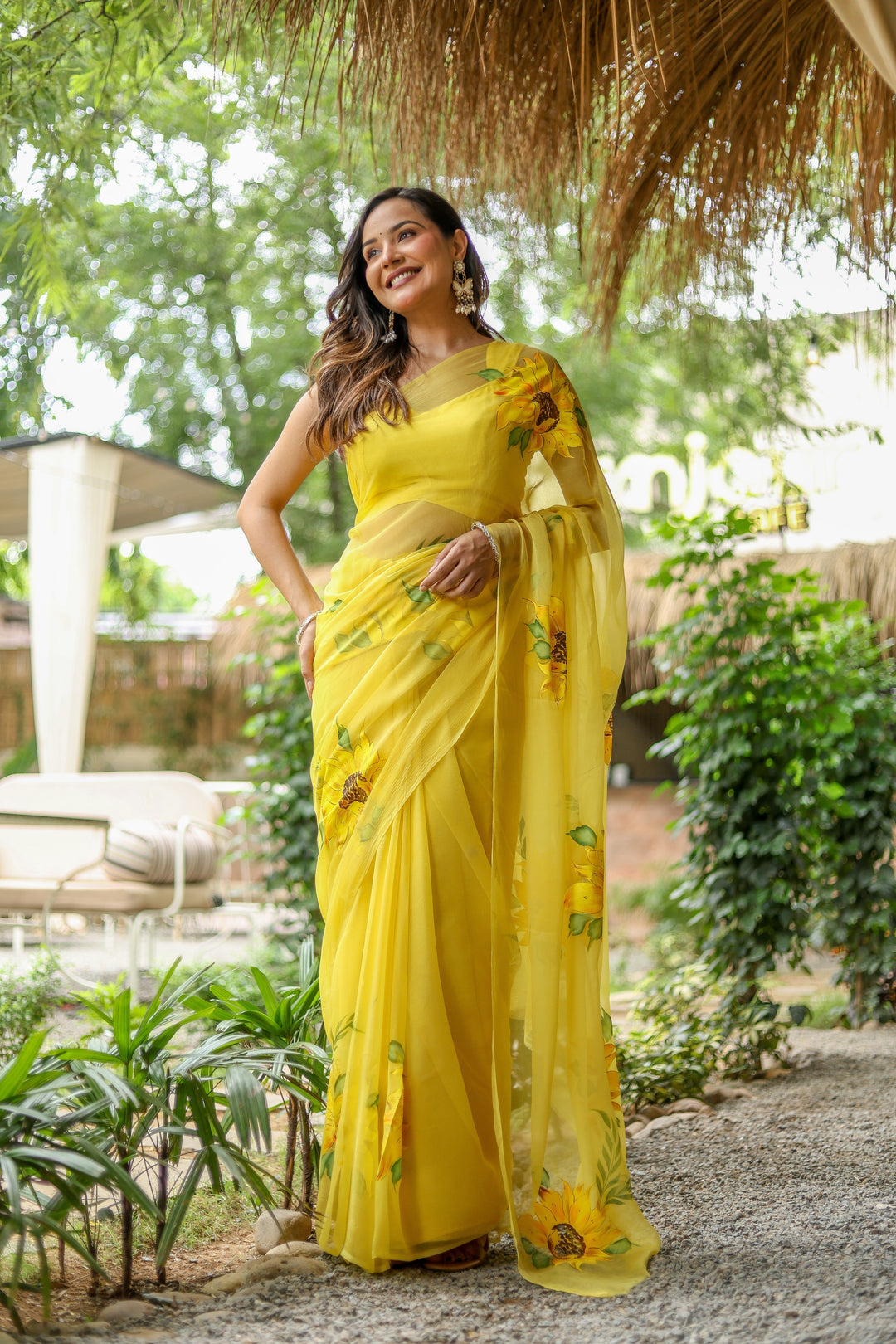 Yellow Chiffon Saree with Sunflower Floral Print | Lightweight Designer Saree with Blouse Piece