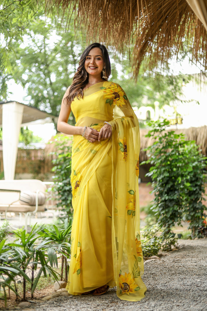 Yellow Chiffon Saree with Sunflower Floral Print | Lightweight Designer Saree with Blouse Piece
