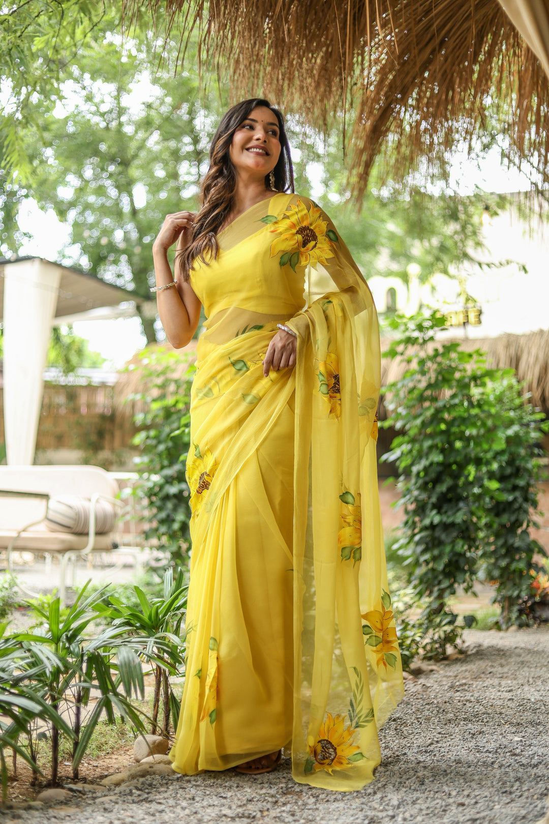 Yellow Chiffon Saree with Sunflower Floral Print | Lightweight Designer Saree with Blouse Piece