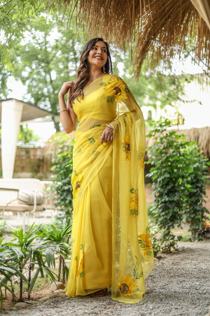 Yellow Chiffon Saree with Sunflower Floral Print | Lightweight Designer Saree with Blouse Piece