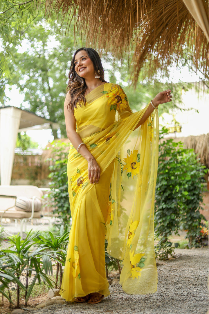 Yellow Chiffon Saree with Sunflower Floral Print | Lightweight Designer Saree with Blouse Piece