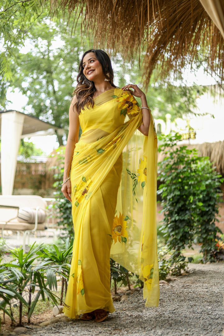 Yellow Chiffon Saree with Sunflower Floral Print | Lightweight Designer Saree with Blouse Piece