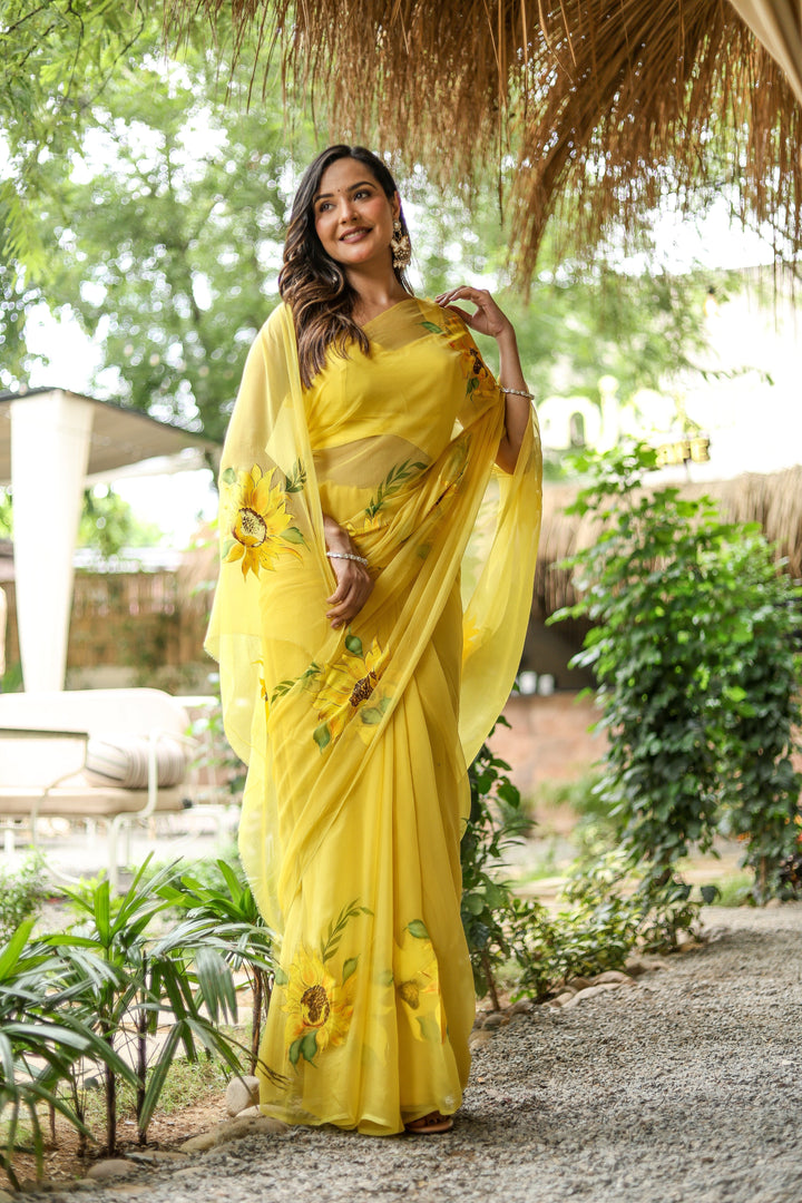 Yellow Chiffon Saree with Sunflower Floral Print | Lightweight Designer Saree with Blouse Piece