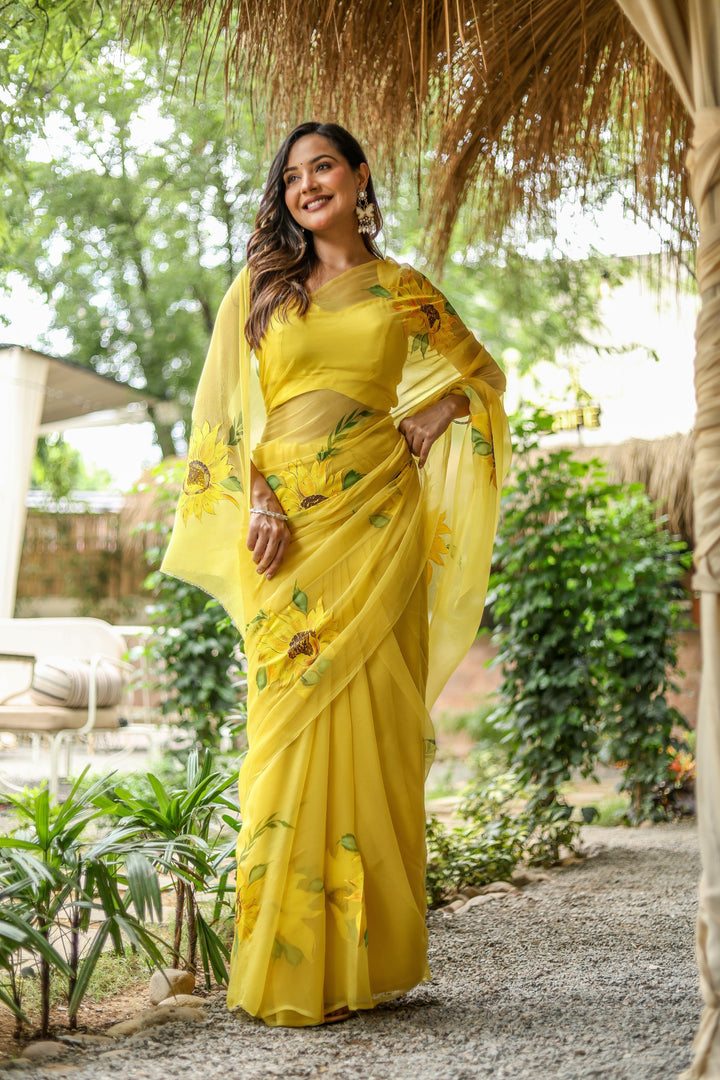 Yellow Chiffon Saree with Sunflower Floral Print | Lightweight Designer Saree with Blouse Piece