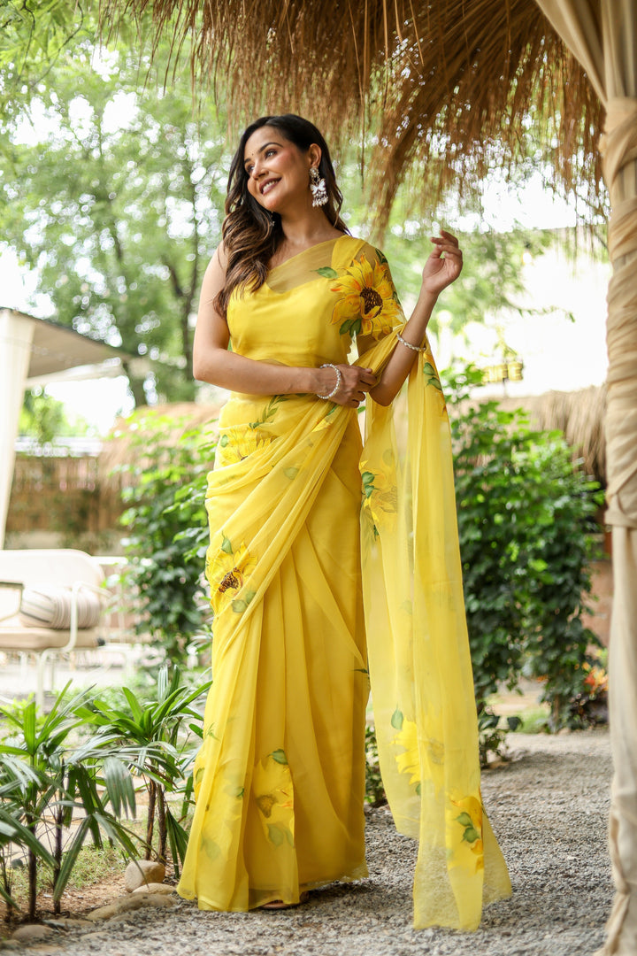 Yellow Chiffon Saree with Sunflower Floral Print | Lightweight Designer Saree with Blouse Piece