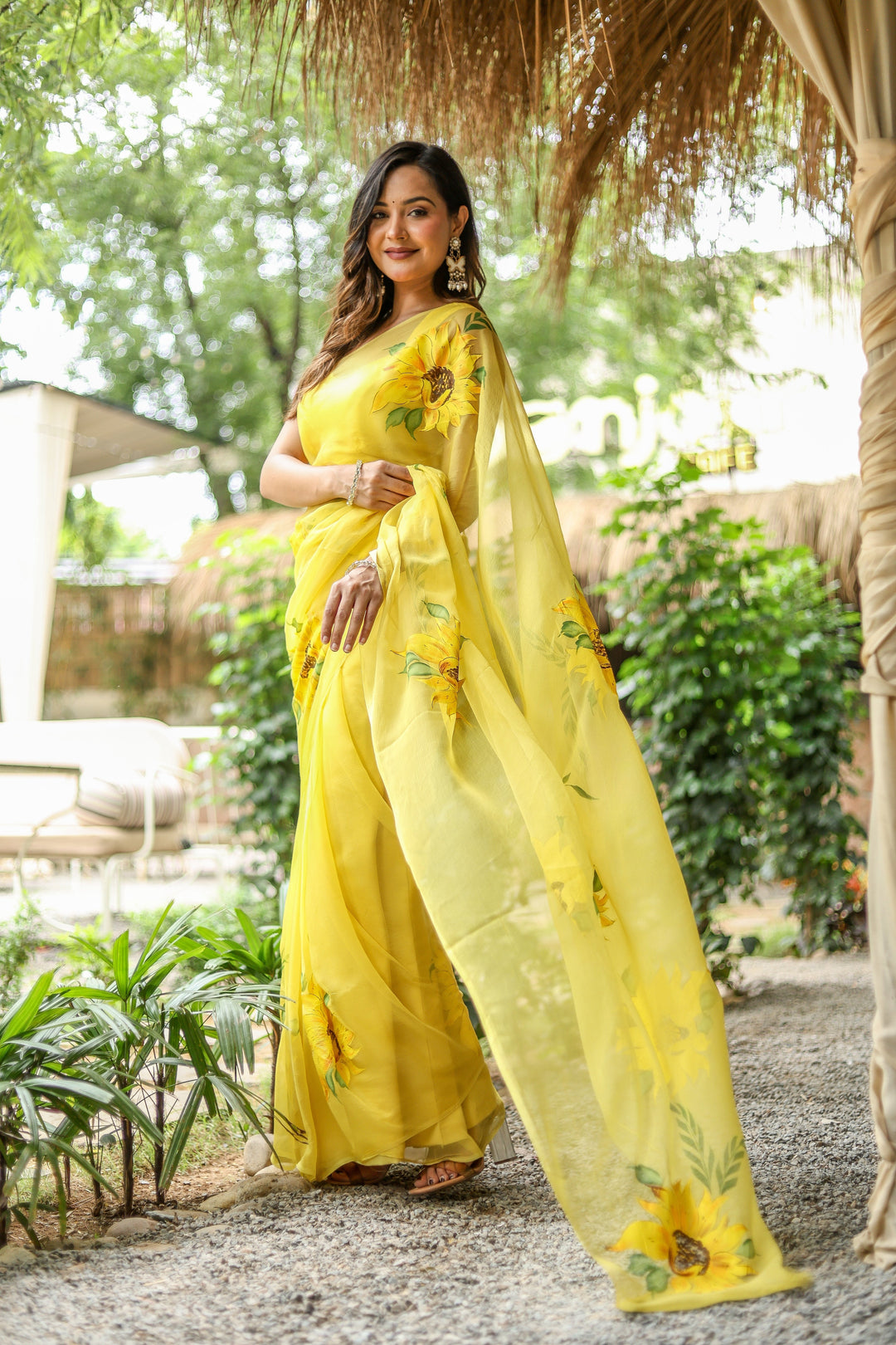 Yellow Chiffon Saree with Sunflower Floral Print | Lightweight Designer Saree with Blouse Piece