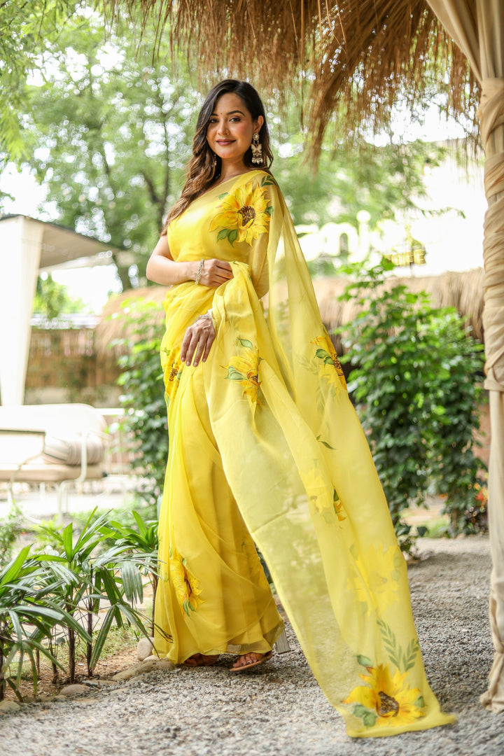 Yellow Chiffon Saree with Sunflower Floral Print | Lightweight Designer Saree with Blouse Piece
