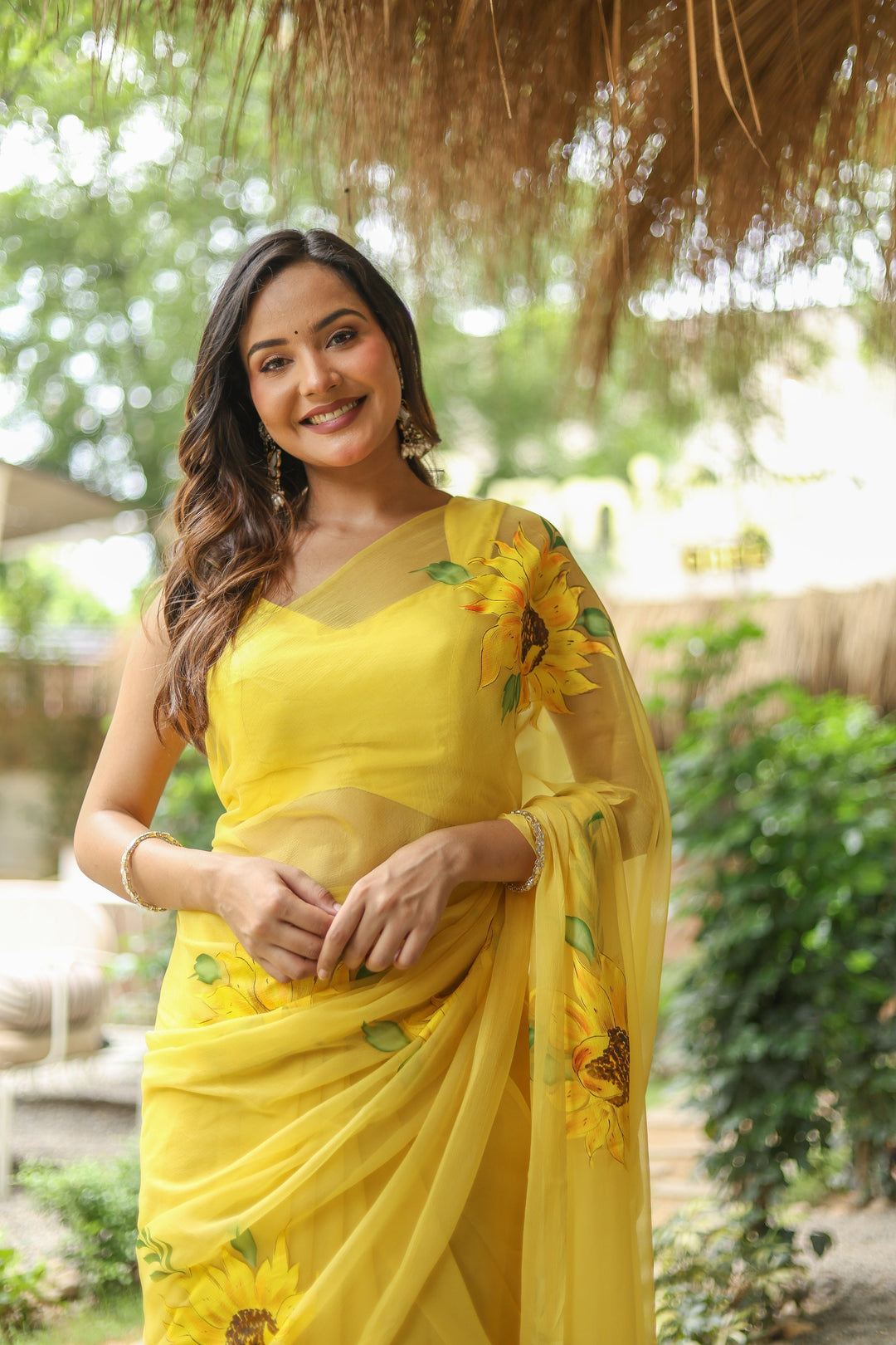Yellow Chiffon Saree with Sunflower Floral Print | Lightweight Designer Saree with Blouse Piece