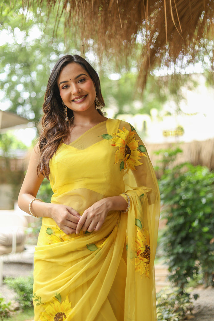 Yellow Chiffon Saree with Sunflower Floral Print | Lightweight Designer Saree with Blouse Piece