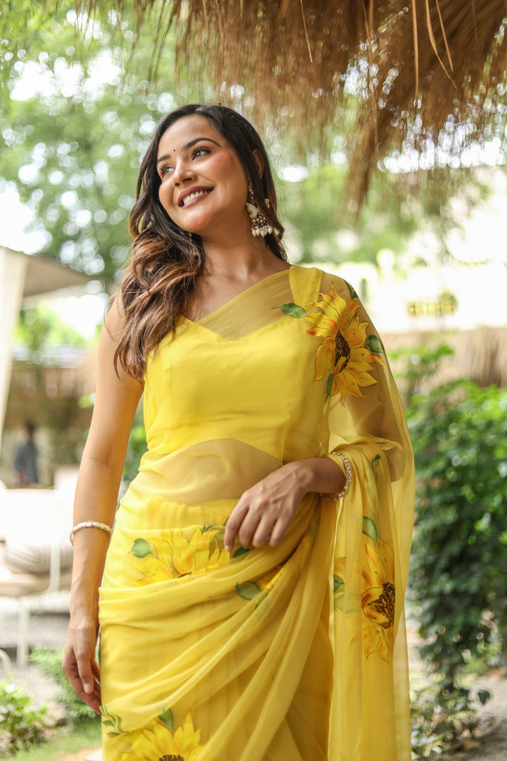 Yellow Chiffon Saree with Sunflower Floral Print | Lightweight Designer Saree with Blouse Piece