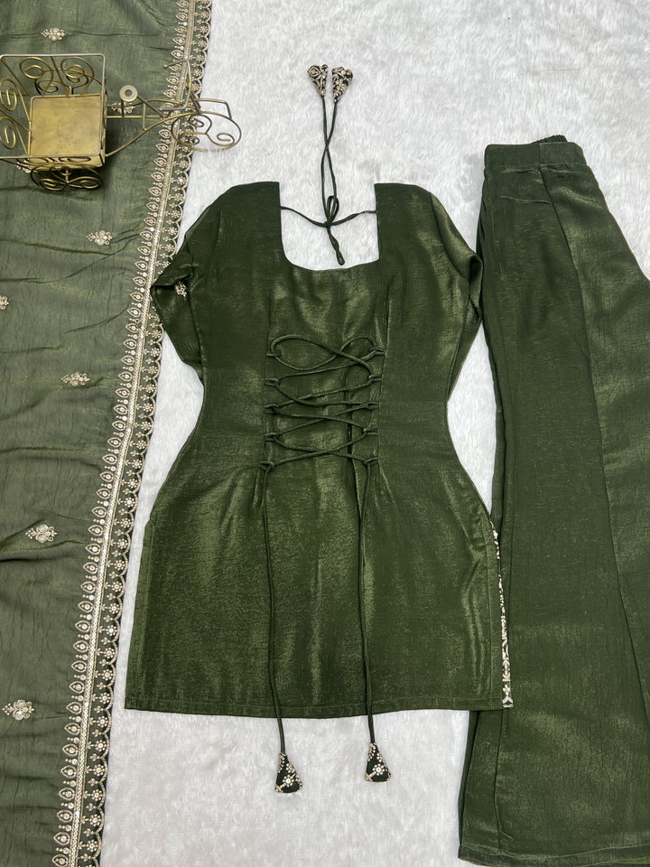Emerald Green Crunchy Silk Embroidered Kurta Set with Bell Bottom Pants & Embellished Dupatta