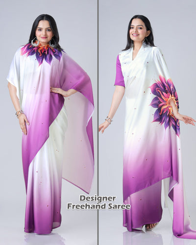 Soft Peach Designer Freehand Mandala Print Saree in Georgette Satin – Ready to Wear