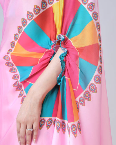 Pink Multi-Color Freehand Designer Saree in Georgette Satin – Vibrant Festive Wear