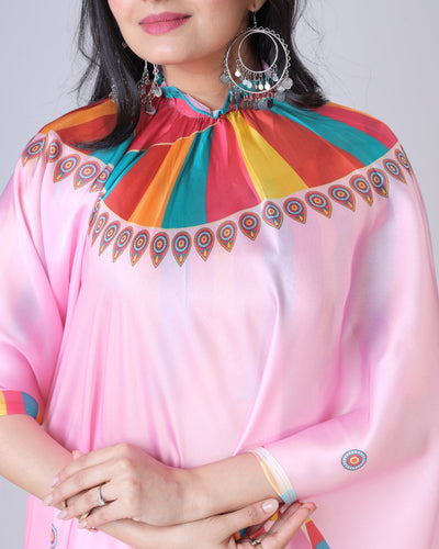 Pink Multi-Color Freehand Designer Saree in Georgette Satin – Vibrant Festive Wear