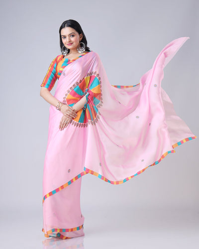 Pink Multi-Color Freehand Designer Saree in Georgette Satin – Vibrant Festive Wear