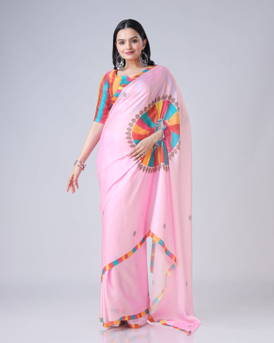 Pink Multi-Color Freehand Designer Saree in Georgette Satin – Vibrant Festive Wear