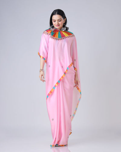 Pink Multi-Color Freehand Designer Saree in Georgette Satin – Vibrant Festive Wear