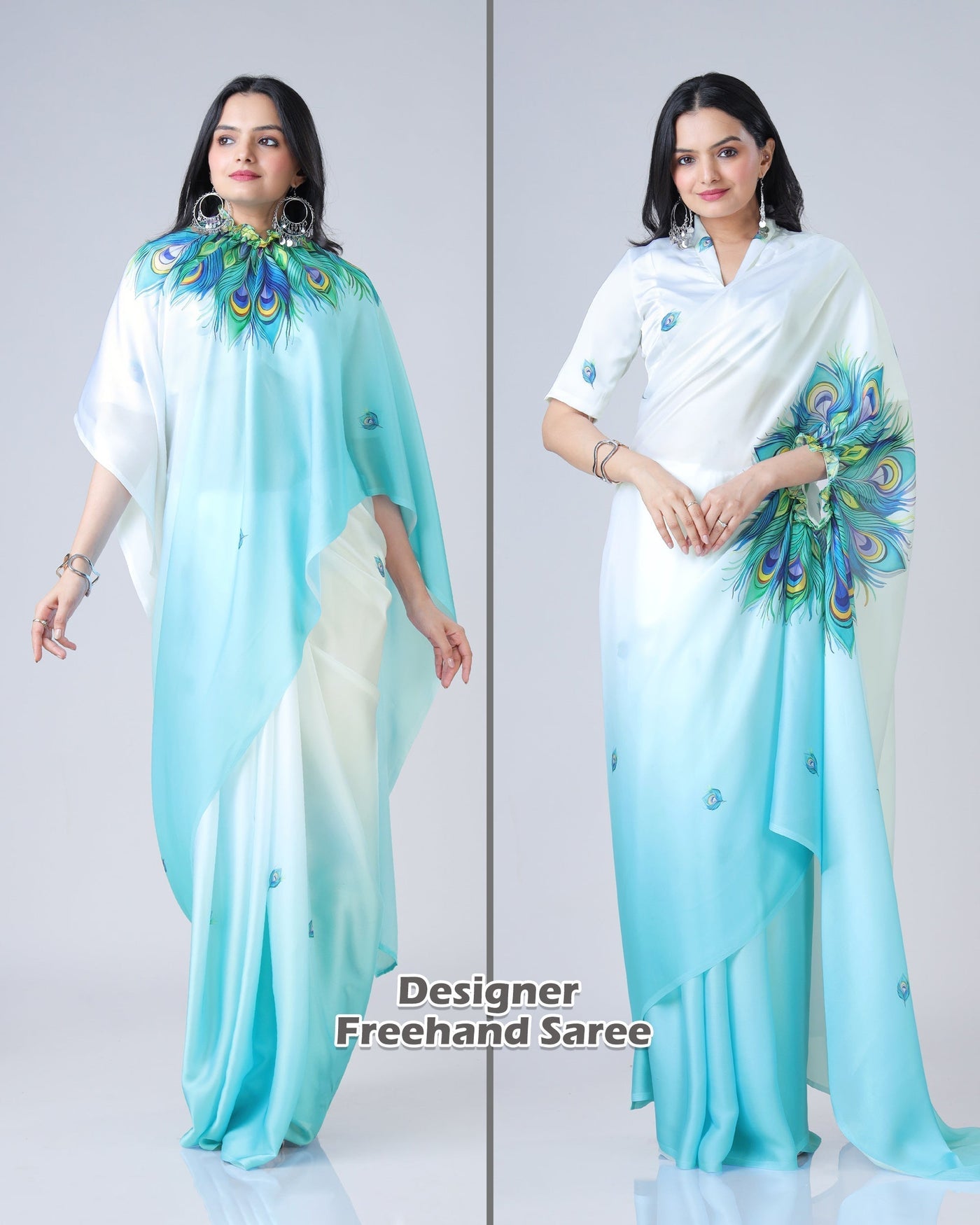 Elegant Sky Blue & White Peacock Feather Print Freehand Saree in Georgette Satin – Ready to Wear