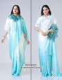 Elegant Sky Blue & White Peacock Feather Print Freehand Saree in Georgette Satin – Ready to Wear