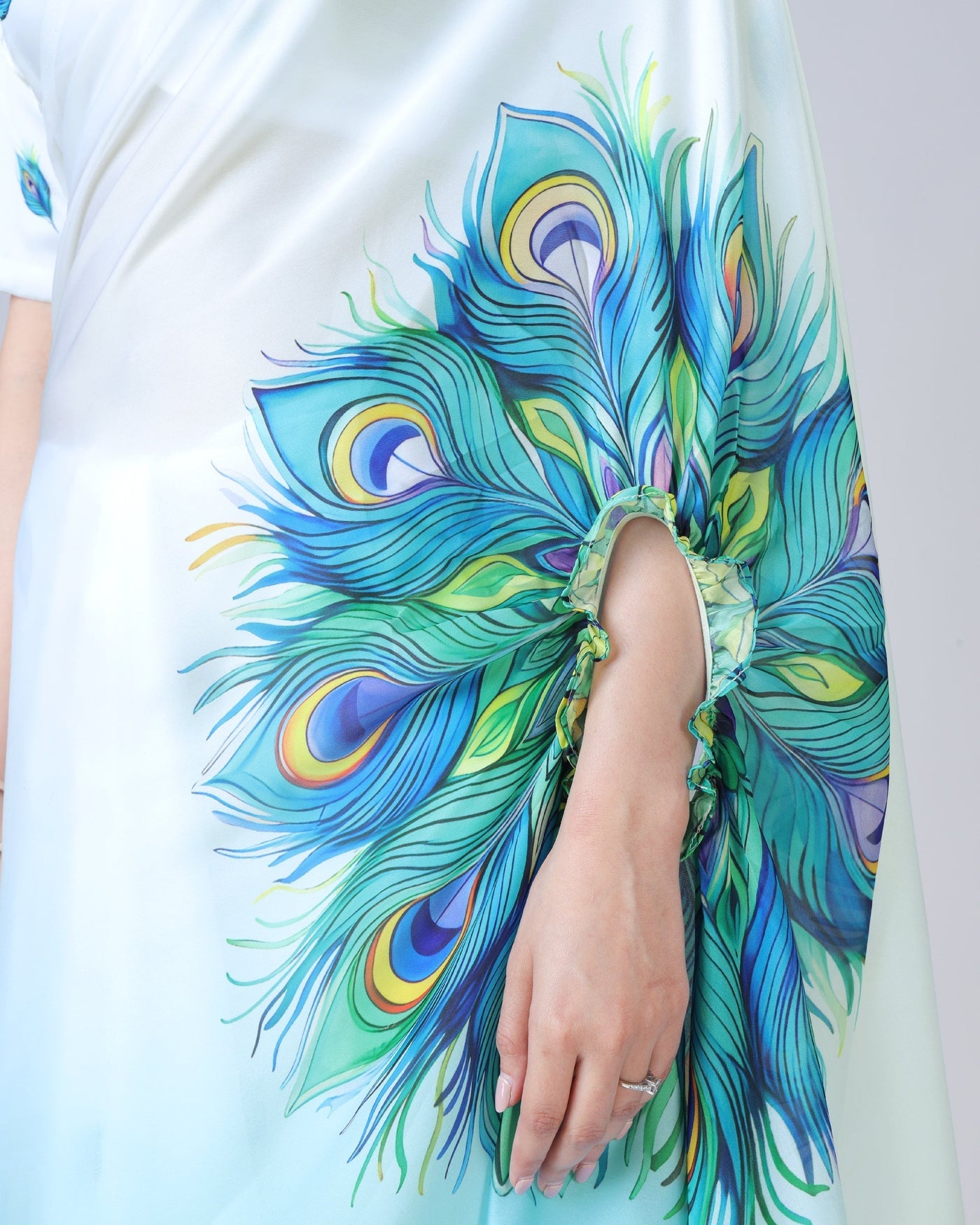 Elegant Sky Blue & White Peacock Feather Print Freehand Saree in Georgette Satin – Ready to Wear