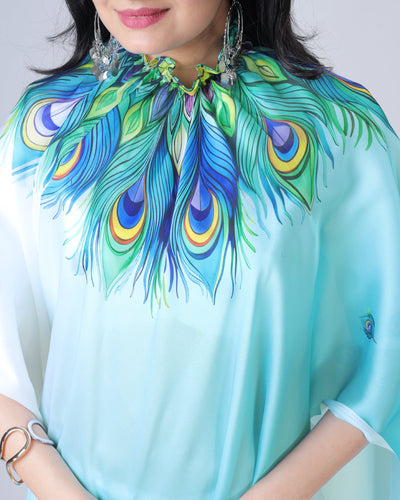 Elegant Sky Blue & White Peacock Feather Print Freehand Saree in Georgette Satin – Ready to Wear