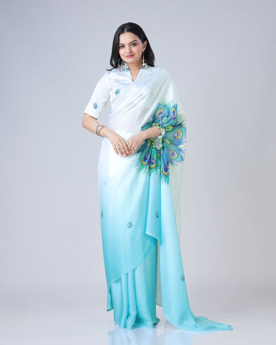 Elegant Sky Blue & White Peacock Feather Print Freehand Saree in Georgette Satin – Ready to Wear
