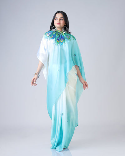 Elegant Sky Blue & White Peacock Feather Print Freehand Saree in Georgette Satin – Ready to Wear