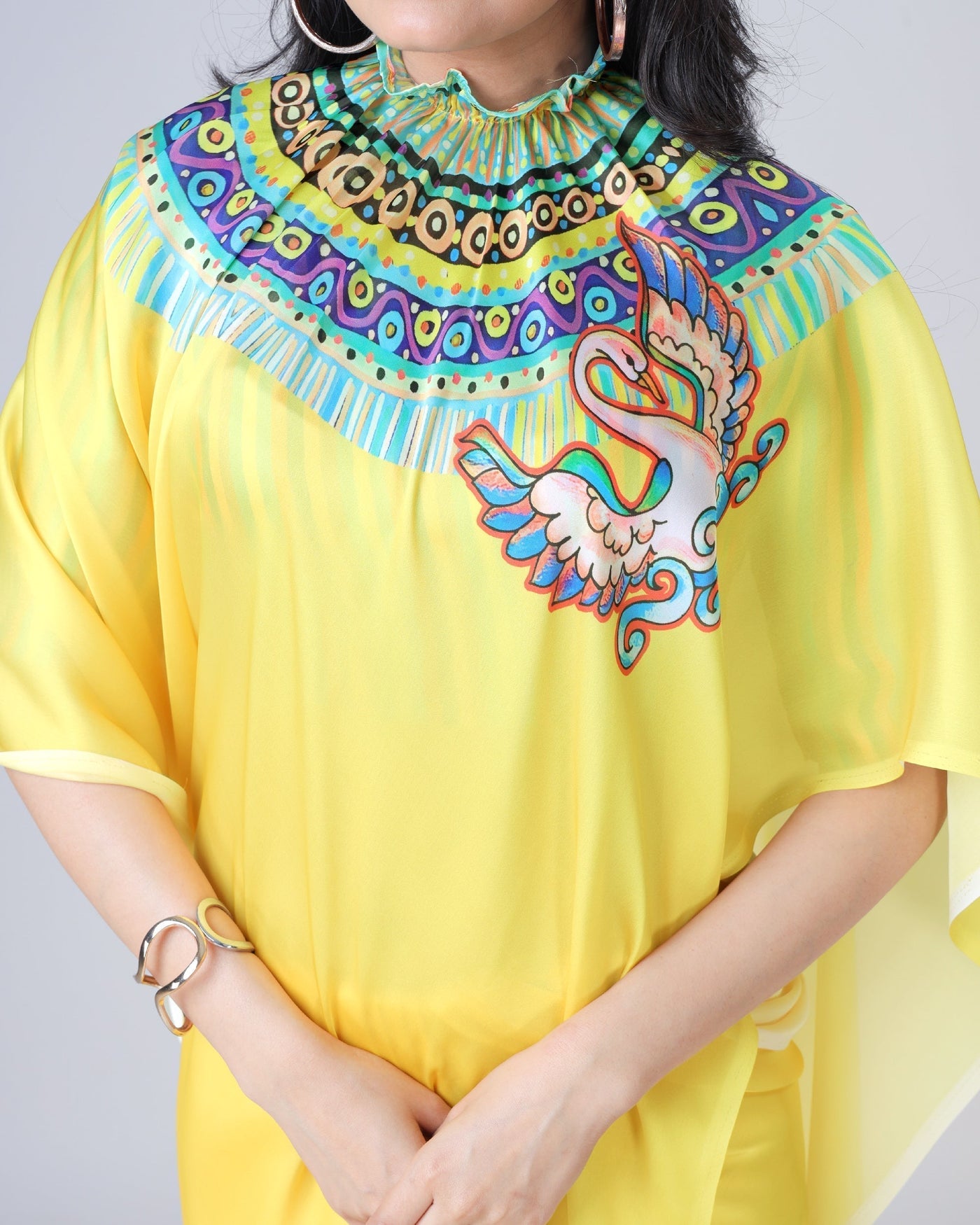 Sunshine Yellow Designer Freehand Swan Print Saree in Georgette Satin – Ready to Wear
