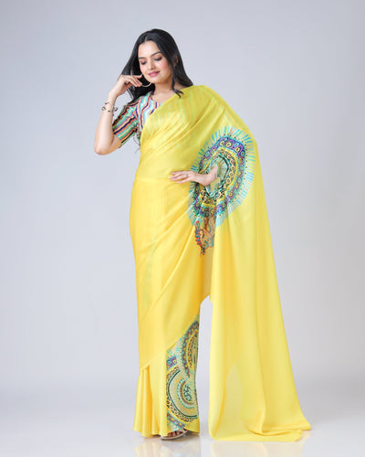 Sunshine Yellow Designer Freehand Swan Print Saree in Georgette Satin – Ready to Wear