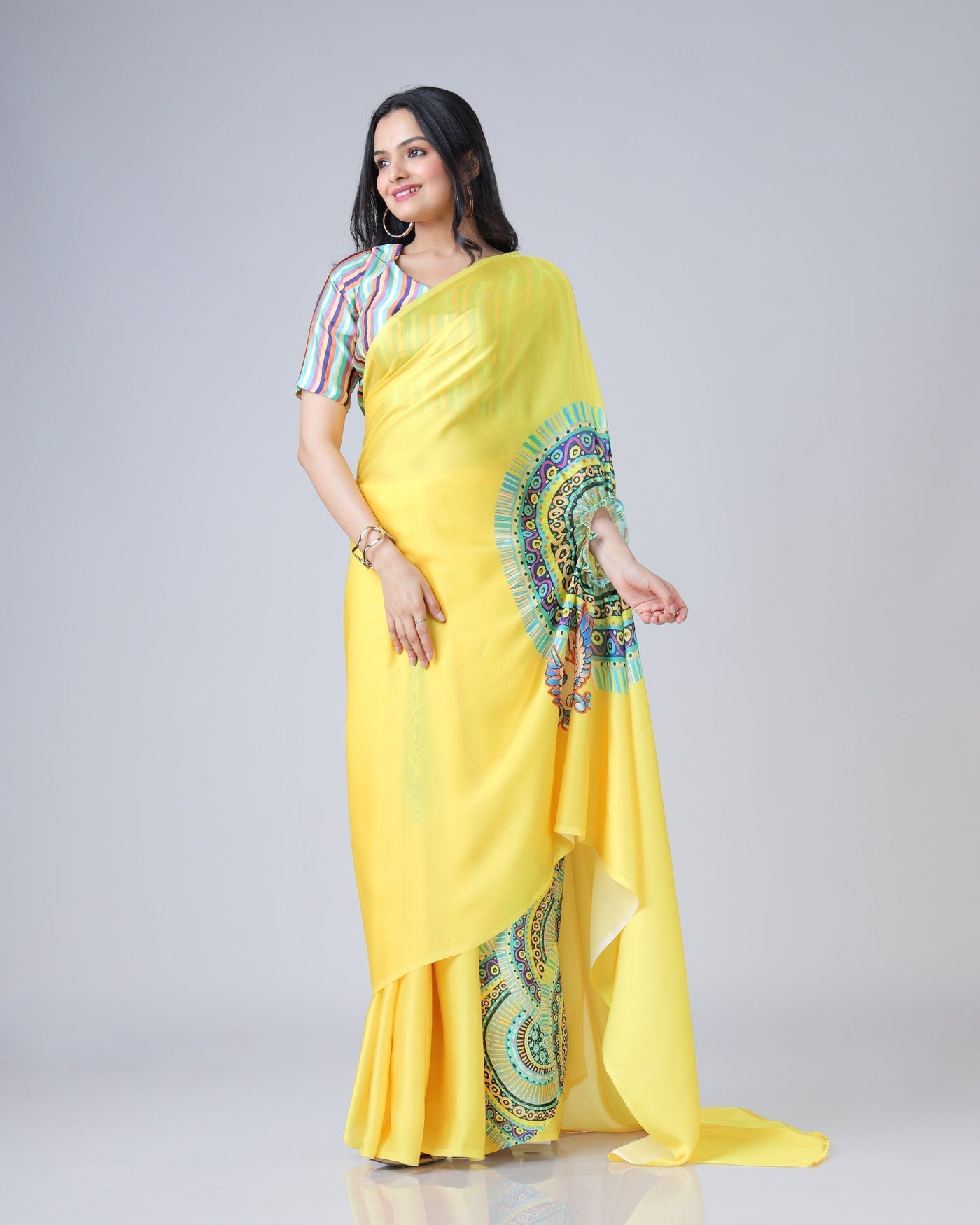 Sunshine Yellow Designer Freehand Swan Print Saree in Georgette Satin – Ready to Wear